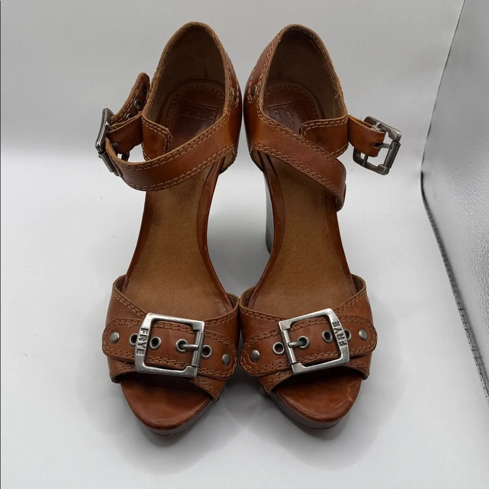 Frye Brown Leather Buckle Wedge Sandals